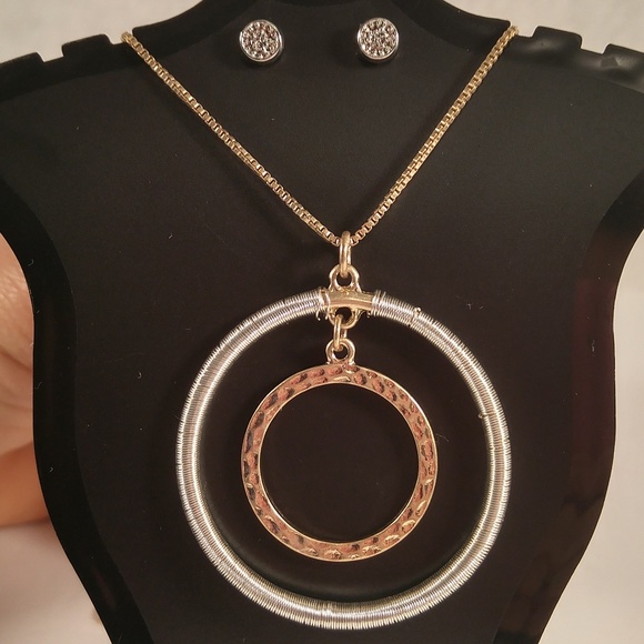 Necklace earring set gold silver double circle - Picture 1 of 4